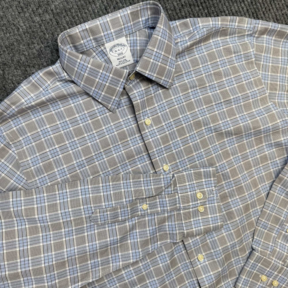 Brooks Brothers Shirt Men 16 6/7 Gray Blue Plaid Regent Non Iron Spread‎ Collar